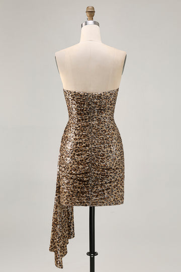Sparkly Khaki Leopard Ruched Bodycon Strapless Homecoming Dress With Sash
